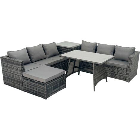 Fimous Rattan Dining Table Sofa Set with Side Table 2 Big Footstools Outdoor Garden Furniture Set Dark Grey Mixed