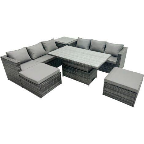 Fimous Rattan Dining Table Sofa Set with Side Table 2 Stools Outdoor 8 Seat Garden Furniture Set Dark Grey Mixed