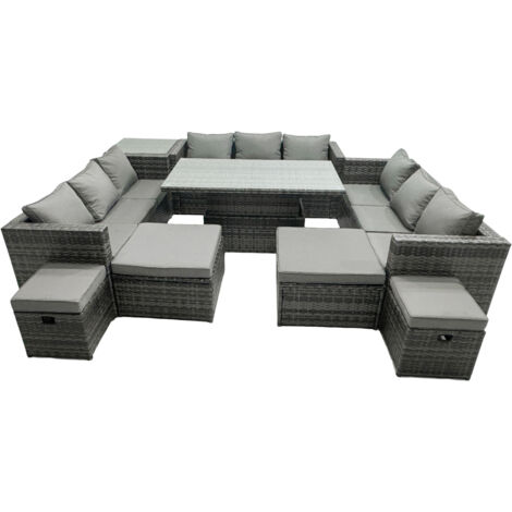 Fimous Rattan Dining Table Sofa Set with Side Table 4 Stools Outdoor 13 Seat Garden Furniture Set Dark Grey Mixed