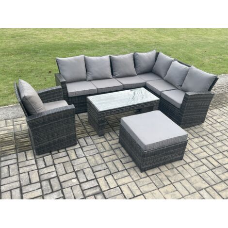 Fimous Rattan Ecksofa Gartenmöbel Set mit Großer Fußhocker Rechteckiger Couchtisch Sesseln mit Kissen Dunkelgrau gemischt