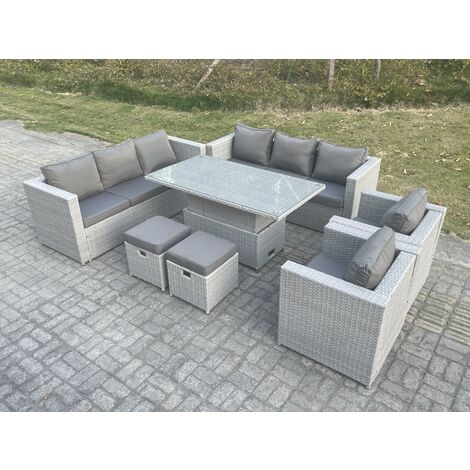 Fimous Rattan Garden Funiture Set Adjustable Rising Lifting Table Sofa Dining Set Lounge Sofa 2 Arm Chair Stool