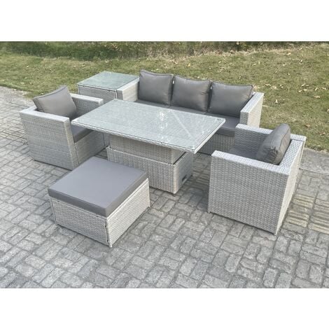 Fimous Rattan Garden Funiture Set Adjustable Rising Lifting Table Sofa Dining Set With 2 Arm Chair Side Table Big Footstool