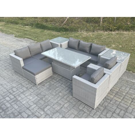 Fimous Rattan Garden Funiture Set Height Adjustable Rising Lifting Table Sofa Dining Set Lounge Chair 2 Side Table Footstool