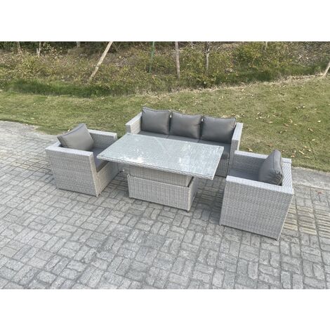 Fimous Rattan Garden Funiture Set Height Adjustable Rising Lifting Table Sofa Dining Set With 2 Arm Chair