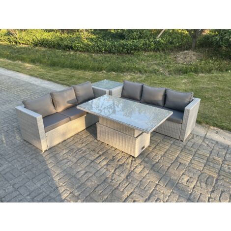 Fimous Rattan Garden Funiture Set Height Adjustable Rising Lifting Table Sofa Dining Set With Side Coffee Tea Table