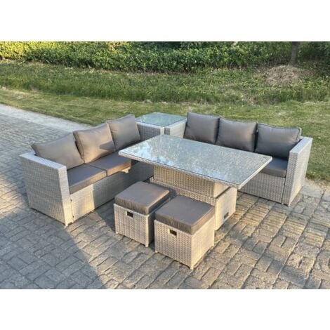 Fimous Rattan Garden Funiture Set Height Adjustable Rising Lifting Table Sofa Dining Set With Side Coffee Tea Table Stool