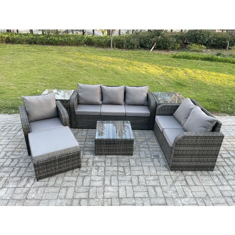 Fimous Rattan Garden Furniture 7 Piece Patio Set With Table Sofa Square Coffee Table Reclining Chair Love seat sofa 2 Side Tables Big Footstool