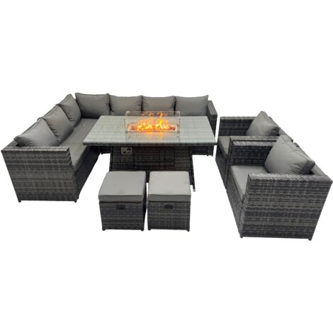 Fimous Rattan Garden Furniture Dining Set 10-seater Gas Firepit Dining Table Corner Sofa Set with 2 Small Stool Dark Grey Mixed