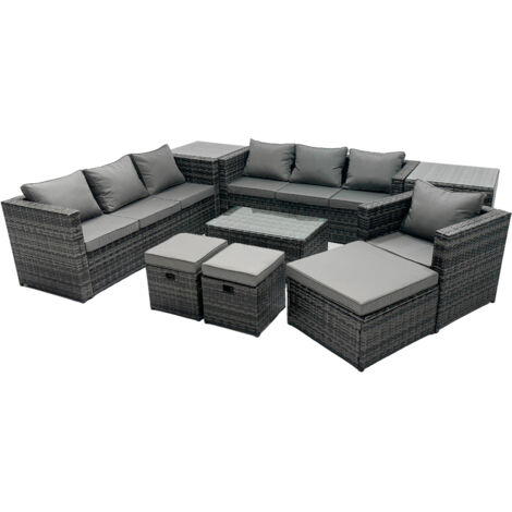 Fimous Rattan Garden Furniture Dining Set 10-seater Patio Coffee Table Sofa Set with 3 Stools 2 Side Tables Dark Grey Mixed