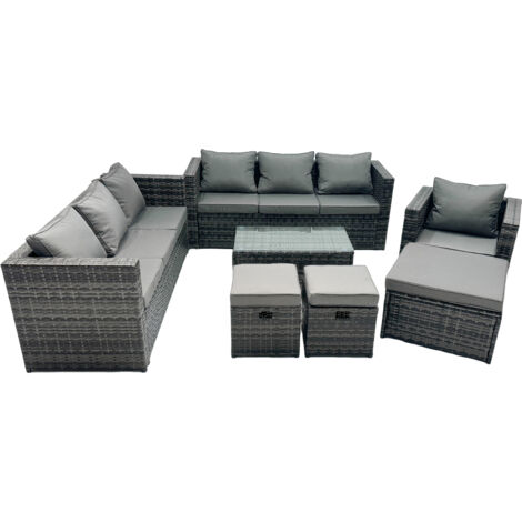 Fimous Rattan Garden Furniture Dining Set 10-seater Patio Coffee Table Sofa Set with 3 Stools Dark Grey Mixed