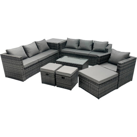 Fimous Rattan Garden Furniture Dining Set 10-seater Patio Coffee Table Sofa Set with 3 Stools Side Table Dark Grey Mixed