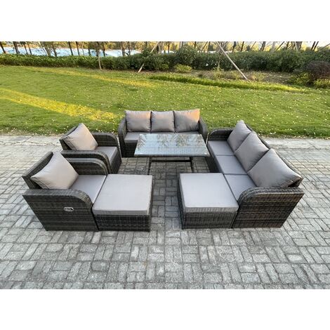 Fimous Rattan Garden Furniture Dining Set 10 seater Patio Rectangular Table 2 Big Footstool Dark Grey Mixed