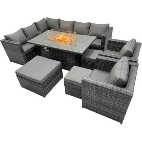 Fimous Rattan Garden Furniture Dining Set 11-seater Gas Firepit Dining Table Corner Sofa Set with 3 Stool Dark Grey Mixed