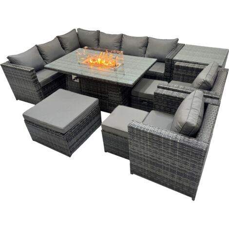 Fimous Rattan Garden Furniture Dining Set 11-seater Gas Firepit Dining Table Corner Sofa Set with 3 Stool Side Table  Dark Grey Mixed