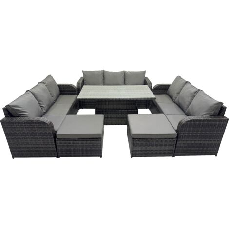 Fimous Rattan Garden Furniture Dining Set 11-seater Patio Height Adjustable Rising Lifting Table Sofa Set with 2 Big Footstools Dark Grey Mixed