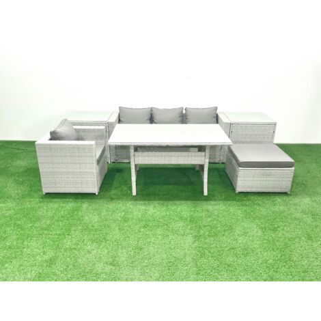 Fimous Rattan Garden Furniture Dining Set 5 Seater Lounge Sofa Chair Dining Table Set with Big Footstool Light Grey Mixed