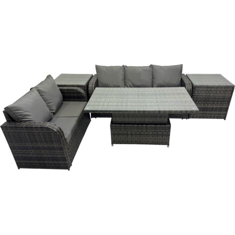 Fimous Rattan Garden Furniture Dining Set 5-seater Patio Height Adjustable Rising Lifting Table Sofa Set with 2 Side Table Dark Grey Mixed