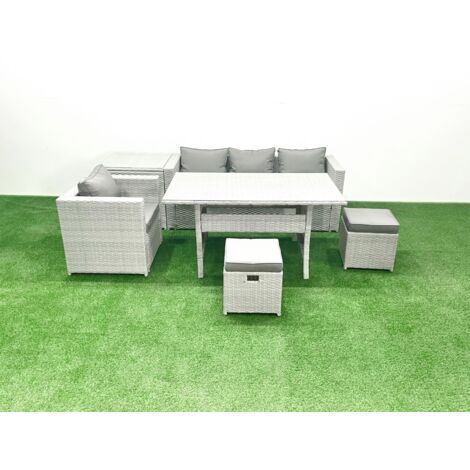 Fimous Rattan Garden Furniture Dining Set 6 Seater Lounge Sofa Chair Dining Table Set with 2 Small Footstools Side Table Light Grey Mixed
