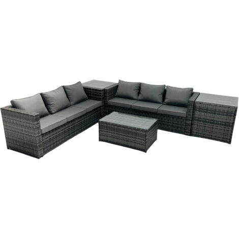 Fimous Rattan Garden Furniture Dining Set 6-seater Patio Coffee Table Sofa Set with 2 Side Tables Dark Grey Mixed
