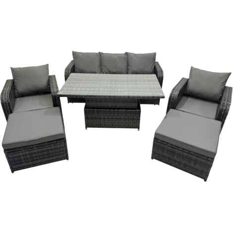 Fimous Rattan Garden Furniture Dining Set 6-seater Patio Height Adjustable Rising Lifting Table Sofa Set with 2 Big Footstools Dark Grey Mixed