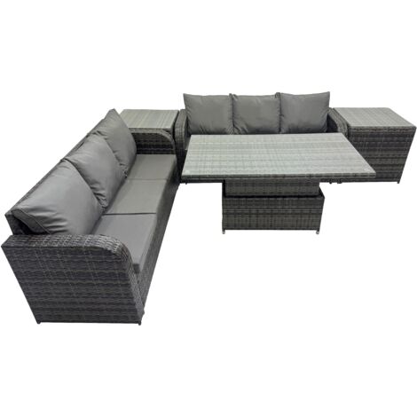 Fimous Rattan Garden Furniture Dining Set 6-seater Patio Height Adjustable Rising Lifting Table Sofa Set with 2 Side Table Dark Grey Mixed