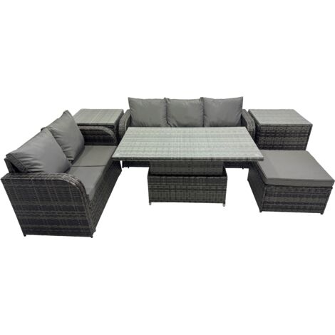 Fimous Rattan Garden Furniture Dining Set 6-seater Patio Height Adjustable Rising Lifting Table Sofa Set with 2 Side Tables Dark Grey Mixed