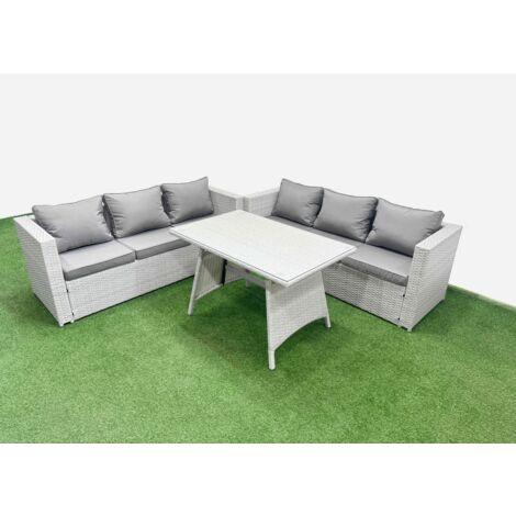 Fimous Rattan Garden Furniture Dining Set 6-seater Patio Rectangular Table 3 Seater Sofa Set Light Grey