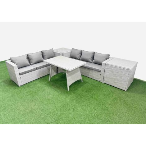 Fimous Rattan Garden Furniture Dining Set 6-seater Patio Rectangular Table 3 Seater Sofa Set with 2 Side Tables Light Grey