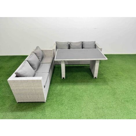 Fimous Rattan Garden Furniture Dining Set 6-seater Patio Rectangular Table Sofa Set Light Grey