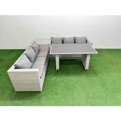 Fimous Rattan Garden Furniture Dining Set 6-seater Patio Rectangular Table Sofa Set with Side Table Light Grey
