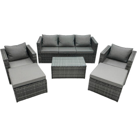 Fimous Rattan Garden Furniture Dining Set 7-seater Patio Coffee Table Sofa Set with 2 Armchair 2 Big Footstools Dark Grey Mixed