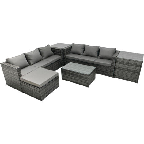 Fimous Rattan Garden Furniture Dining Set 7-seater Patio Coffee Table Sofa Set with 2 Side Tables Big Footstool Dark Grey Mixed