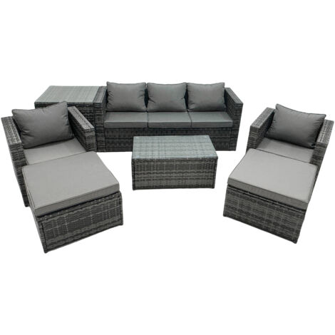 Fimous Rattan Garden Furniture Dining Set 7-seater Patio Coffee Table Sofa Set with Side Table 2 Armchair 2 Big Footstools Dark Grey Mixed