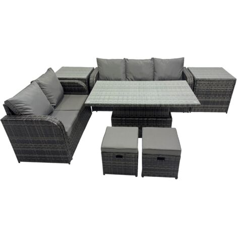 Fimous Rattan Garden Furniture Dining Set 7-seater Patio Height Adjustable Rising Lifting Table Sofa Set with 2 Small Footstools Dark Grey Mixed