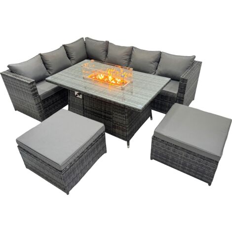 Fimous Rattan Garden Furniture Dining Set 8-seater Gas Firepit Dining Table Corner Sofa Set with 2 Big Stools Dark Grey Mixed