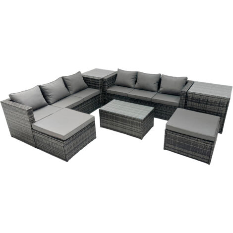 Fimous Rattan Garden Furniture Dining Set 8-seater Patio Coffee Table Sofa Set with 2 Side Tables 2 Big Footstools Dark Grey Mixed
