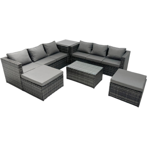 Fimous Rattan Garden Furniture Dining Set 8-seater Patio Coffee Table Sofa Set with Side Table 2 Big Footstools Dark Grey Mixed