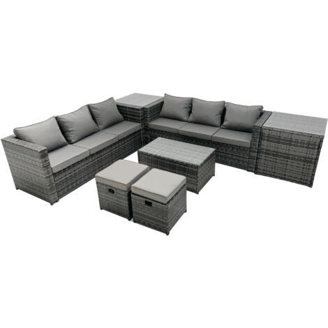 Fimous Rattan Garden Furniture Dining Set 8-seater Patio Coffee Table Sofa Set with Side Table 2 Small Footstools Dark Grey Mixed