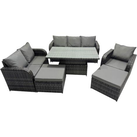 Fimous Rattan Garden Furniture Dining Set 8-seater Patio Height Adjustable Rising Lifting Table Sofa Set with 2 Big Footstool Dark Grey Mixed