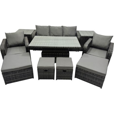 Fimous Rattan Garden Furniture Dining Set 8-seater Patio Height Adjustable Rising Lifting Table Sofa Set with 2 Side Table 2 Big Footstool Dark Grey Mixed