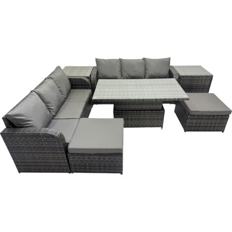 Fimous Rattan Garden Furniture Dining Set 8-seater Patio Height Adjustable Rising Lifting Table Sofa Set with 2 Side Table 2 Big Footstool Dark Grey Mixed