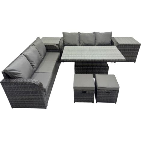 Fimous Rattan Garden Furniture Dining Set 8-seater Patio Height Adjustable Rising Lifting Table Sofa Set with 2 Side Table 2 Small Footstools Dark Grey Mixed