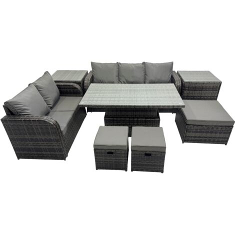 Fimous Rattan Garden Furniture Dining Set 8-seater Patio Height Adjustable Rising Lifting Table Sofa Set with 3 Footstools 2 Side Tables Dark Grey Mixed