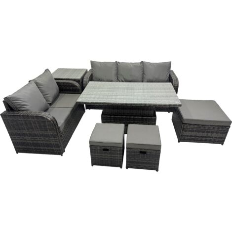 Fimous Rattan Garden Furniture Dining Set 8-seater Patio Height Adjustable Rising Lifting Table Sofa Set with 3 Footstools Side Table Dark Grey Mixed