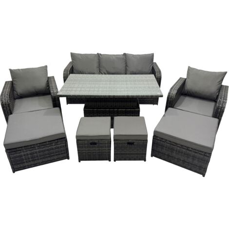 Fimous Rattan Garden Furniture Dining Set 8-seater Patio Height Adjustable Rising Lifting Table Sofa Set with 4 Footstools Dark Grey Mixed
