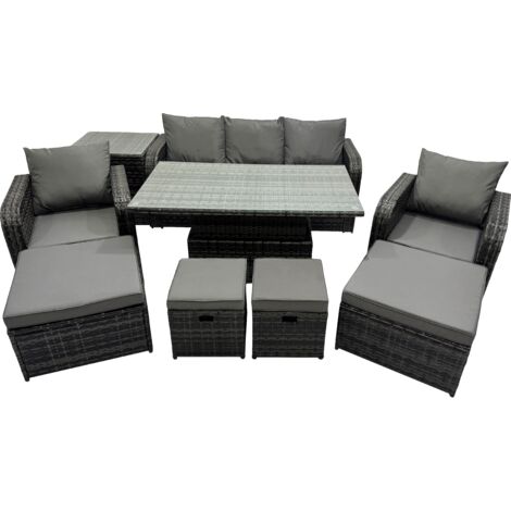 Fimous Rattan Garden Furniture Dining Set 8-seater Patio Height Adjustable Rising Lifting Table Sofa Set with Side Table 2 Big Footstool Dark Grey Mixed