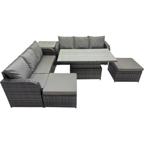 Fimous Rattan Garden Furniture Dining Set 8-seater Patio Height Adjustable Rising Lifting Table Sofa Set with Side Table 2 Big Footstool Dark Grey Mixed