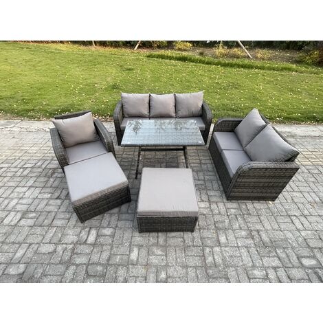 Fimous Rattan Garden Furniture Dining Set 8 seater Patio Rectangular Table 2 Big Footstool Love Sofa Reclining Chair Dark Grey Mixed