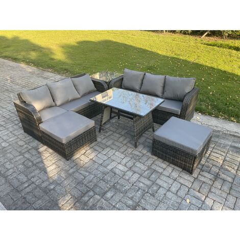 Fimous Rattan Garden Furniture Dining Set 8 seater Patio Rectangular Table 2 Big Footstool Side Table Dark Grey Mixed