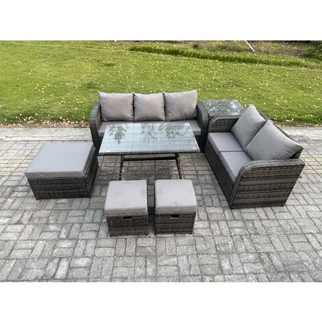 Fimous Rattan Garden Furniture Dining Set 8 seater Patio Rectangular Table 3 Footstools Love Sofa Side Table Dark Grey Mixed